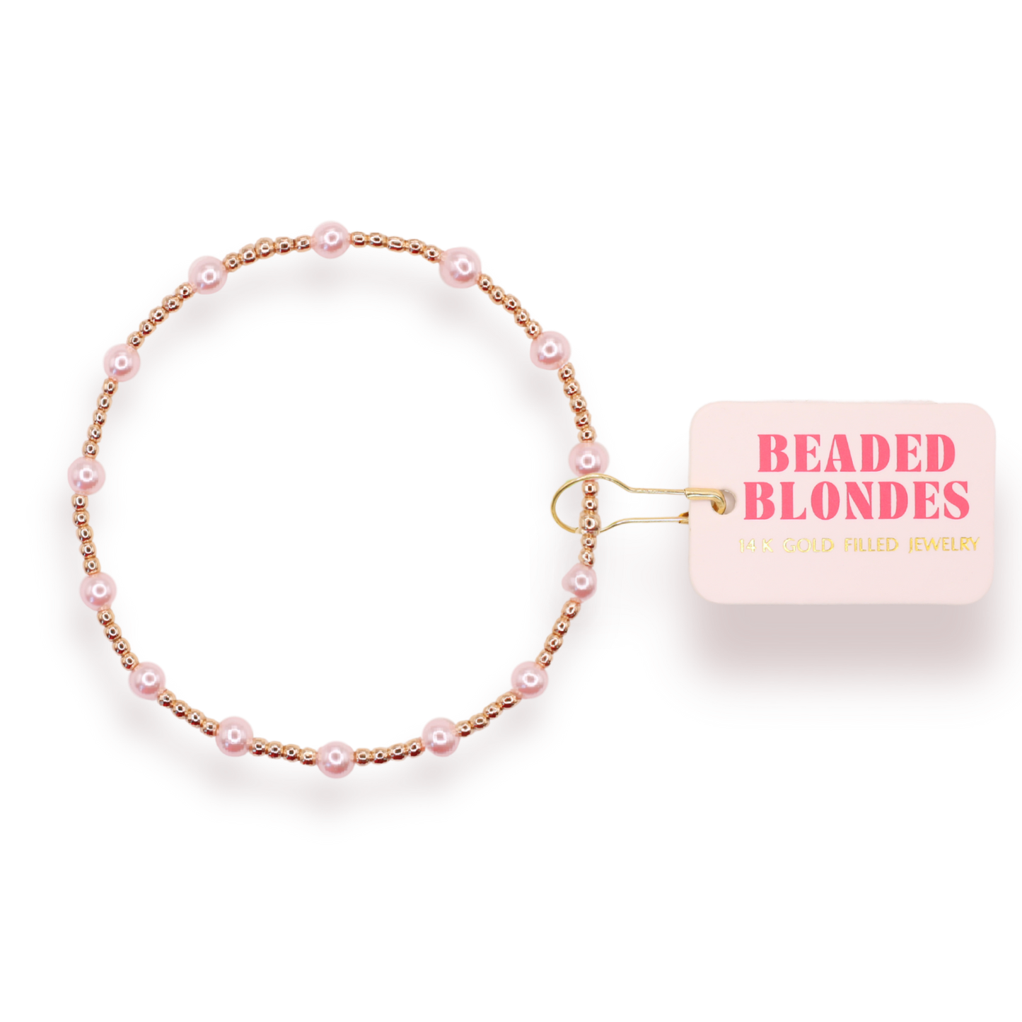 Beaded bracelet with 'Beaded Blondes' packaging on a white background