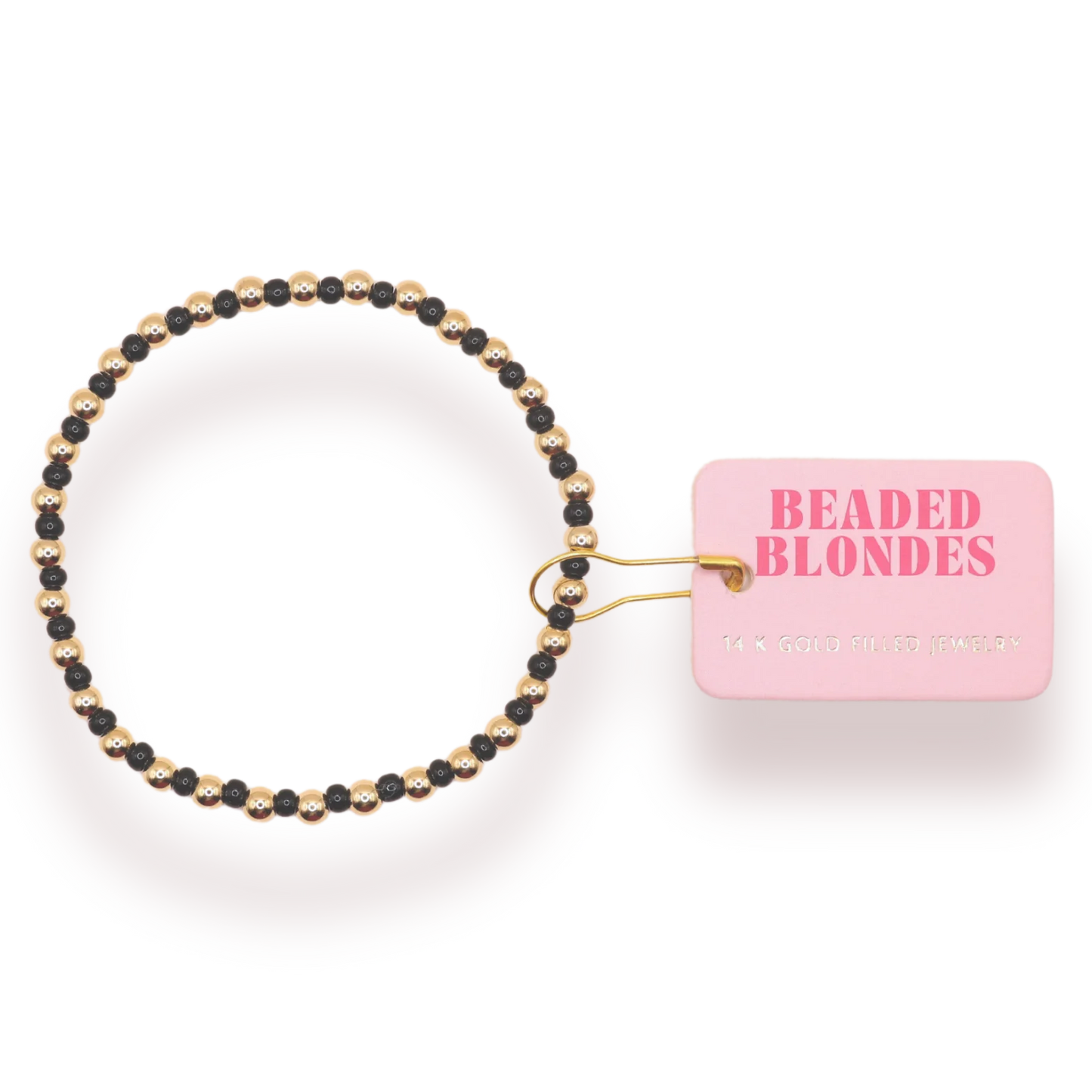 Beaded bracelet with a pink packaging label on a white background