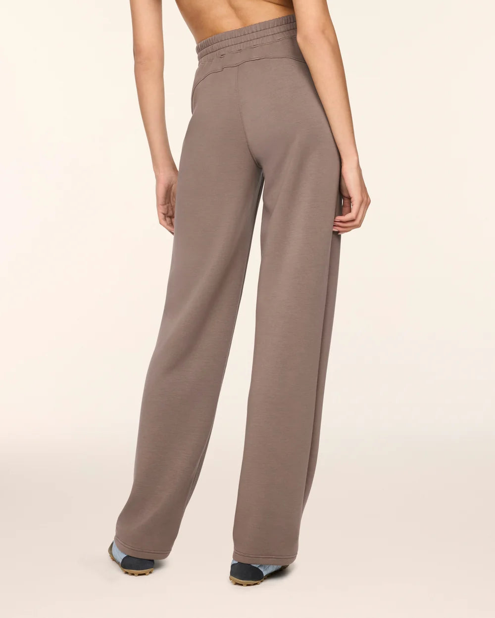 A model shown from the back wearing high-waisted, wide-leg taupe pants against a solid light beige background.