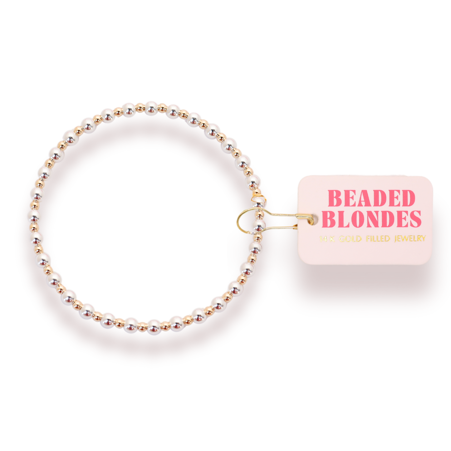 Beaded bracelet with 'Beaded Blondes' packaging on a white background
