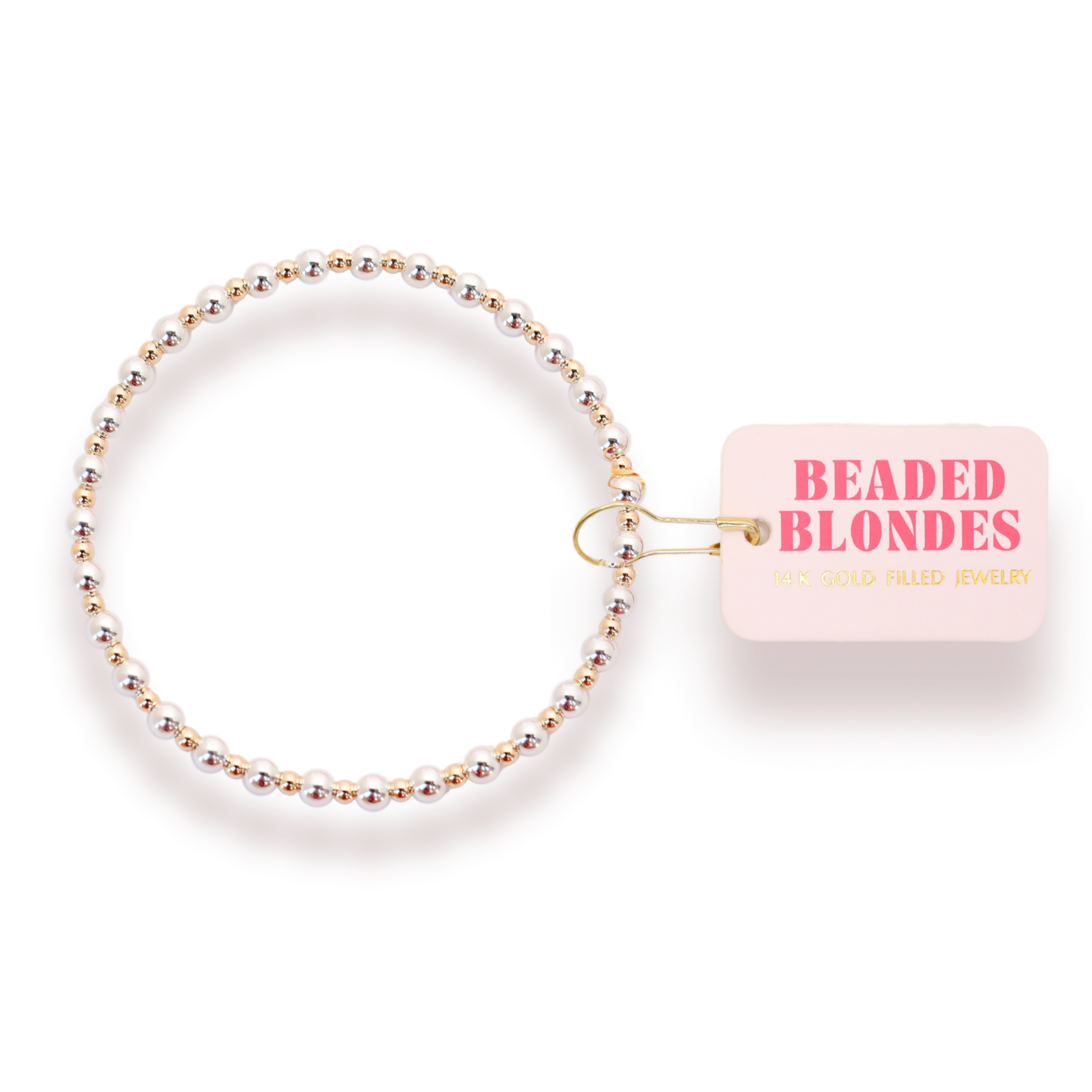 Beaded bracelet with 'Beaded Blondes' packaging on a white background