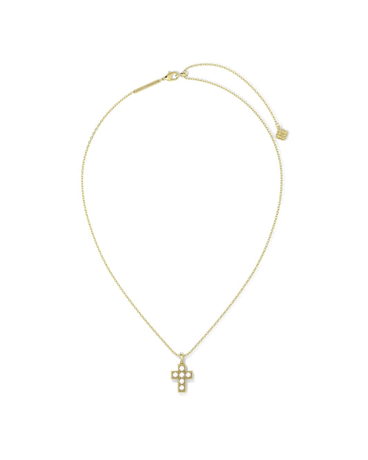 KENDRA SCOTT Gold Pearl Cross Short Pendant Necklace in White Pearl