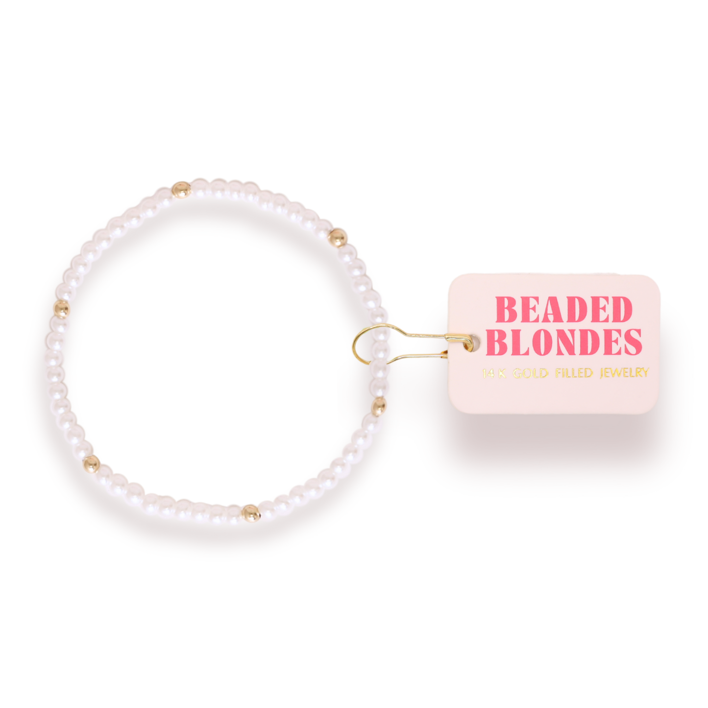 Pearl bracelet tie with 'Beaded Blondes' packaging on a white background