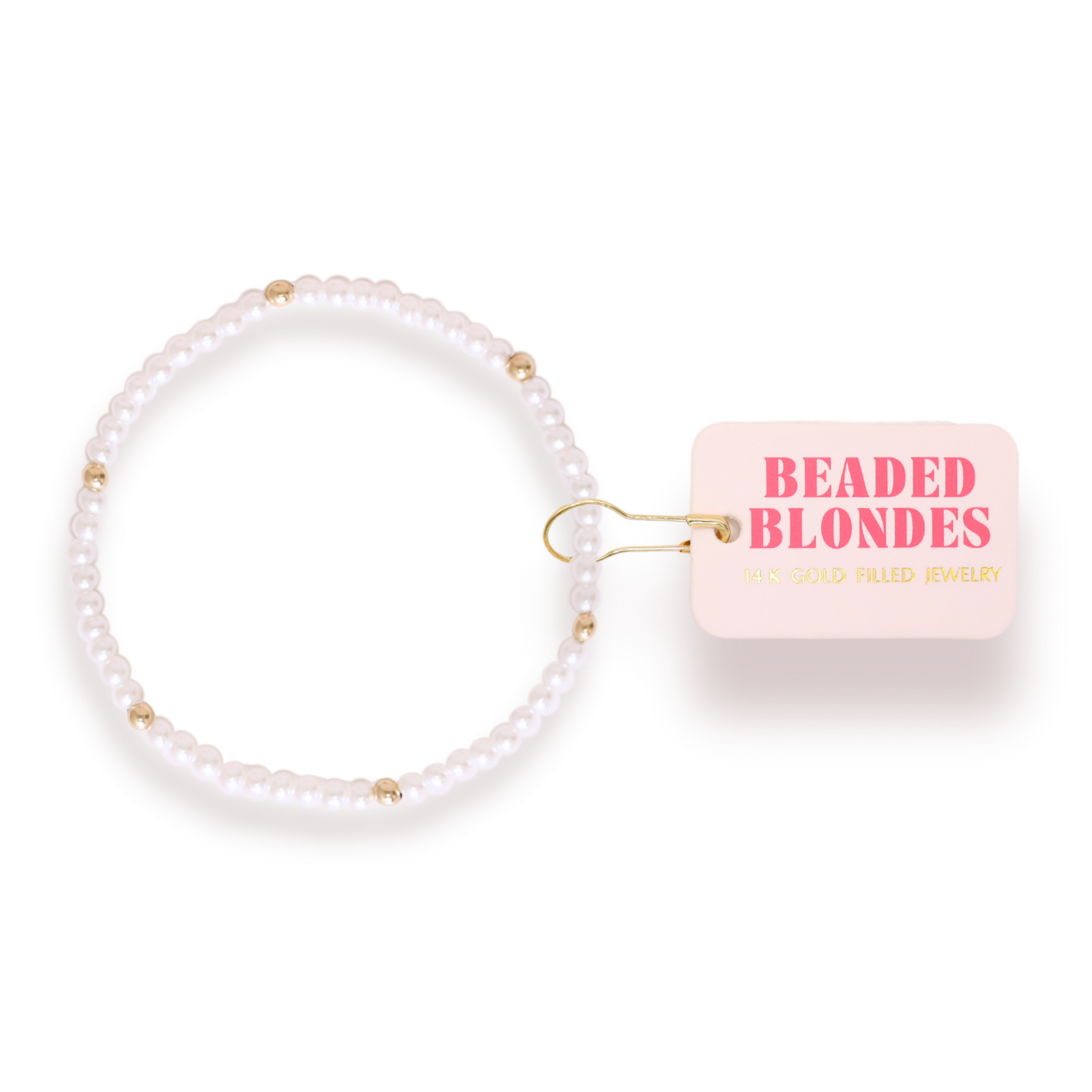 Pearl bracelet tie with 'Beaded Blondes' packaging on a white background