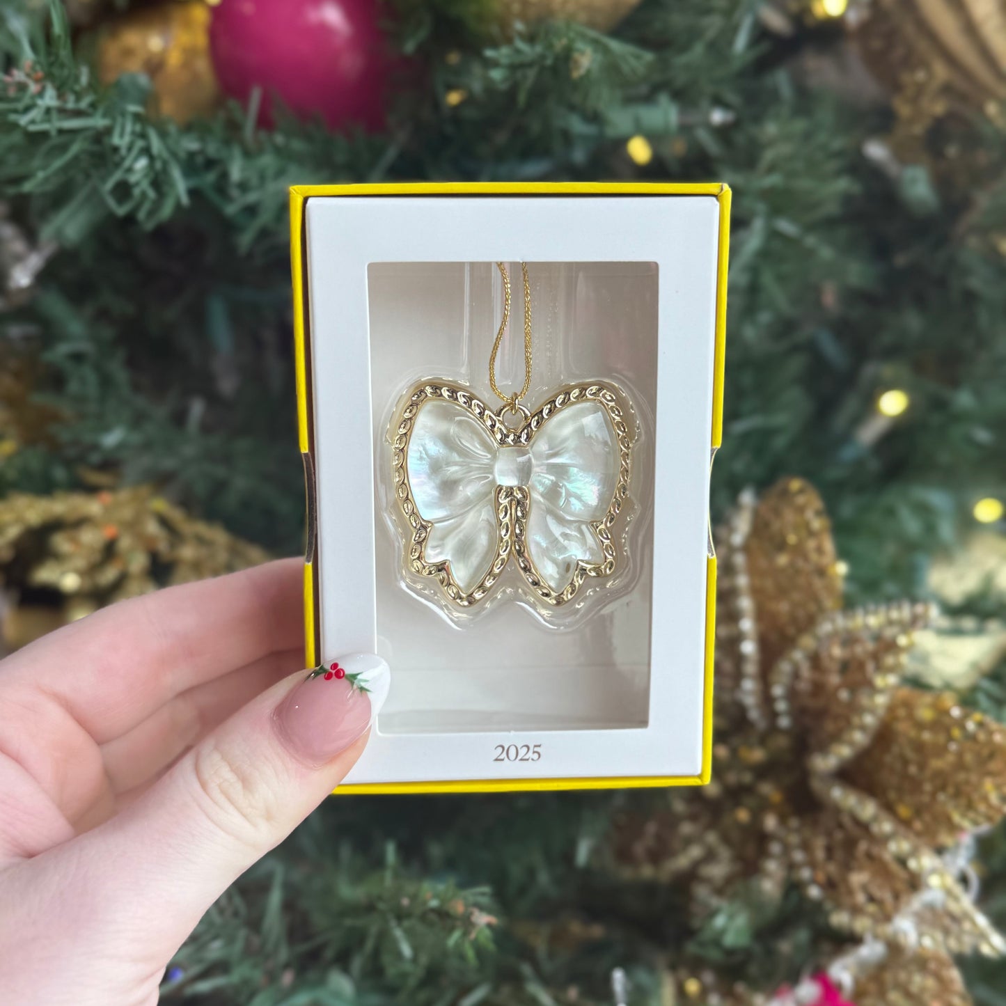 Haley bow mother of pearl ivory  ornament in a box held in front of a decorated Christmas tree.