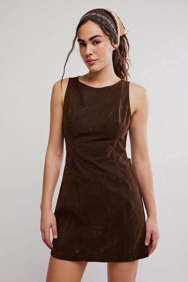 model wearing brown suede mini dress 