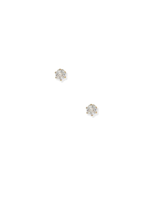 A pair of small silver stud earrings with clear gemstones, displayed on a solid white background.