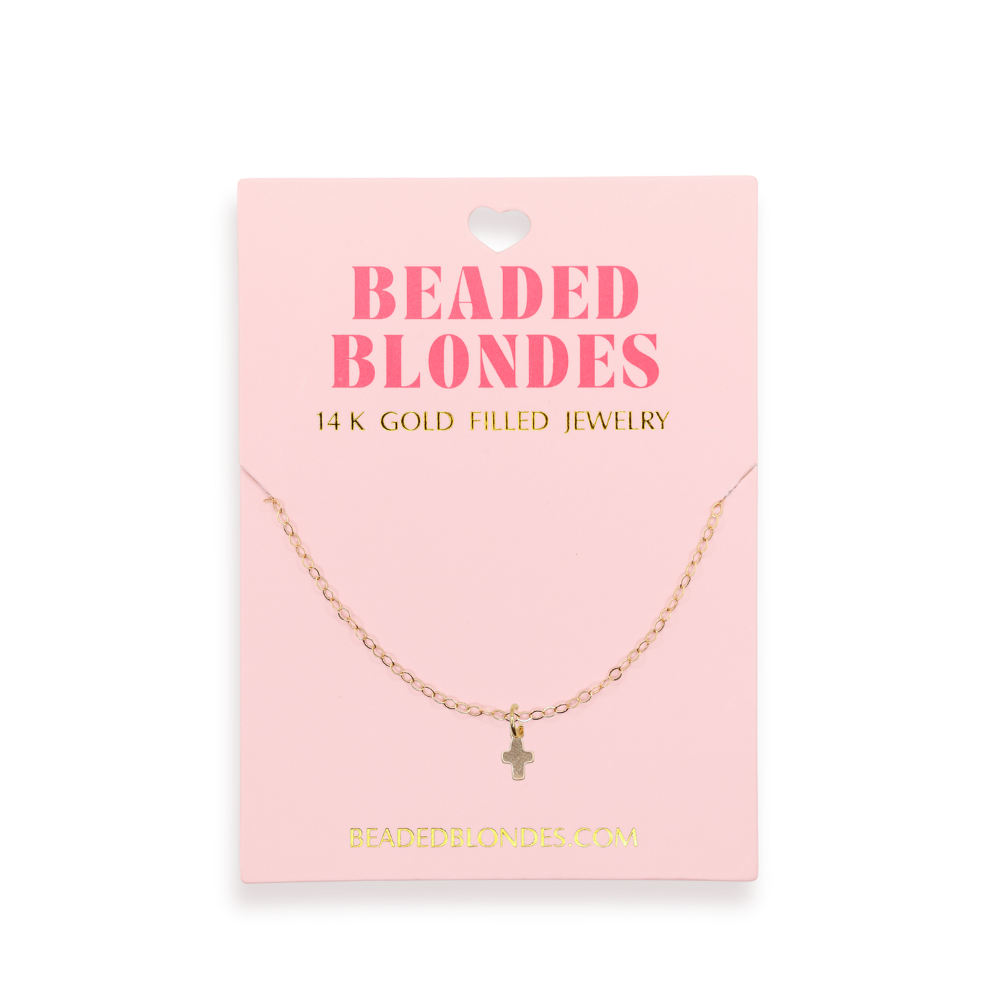 Gold necklace on a pink card with 'Beaded Blondes' branding