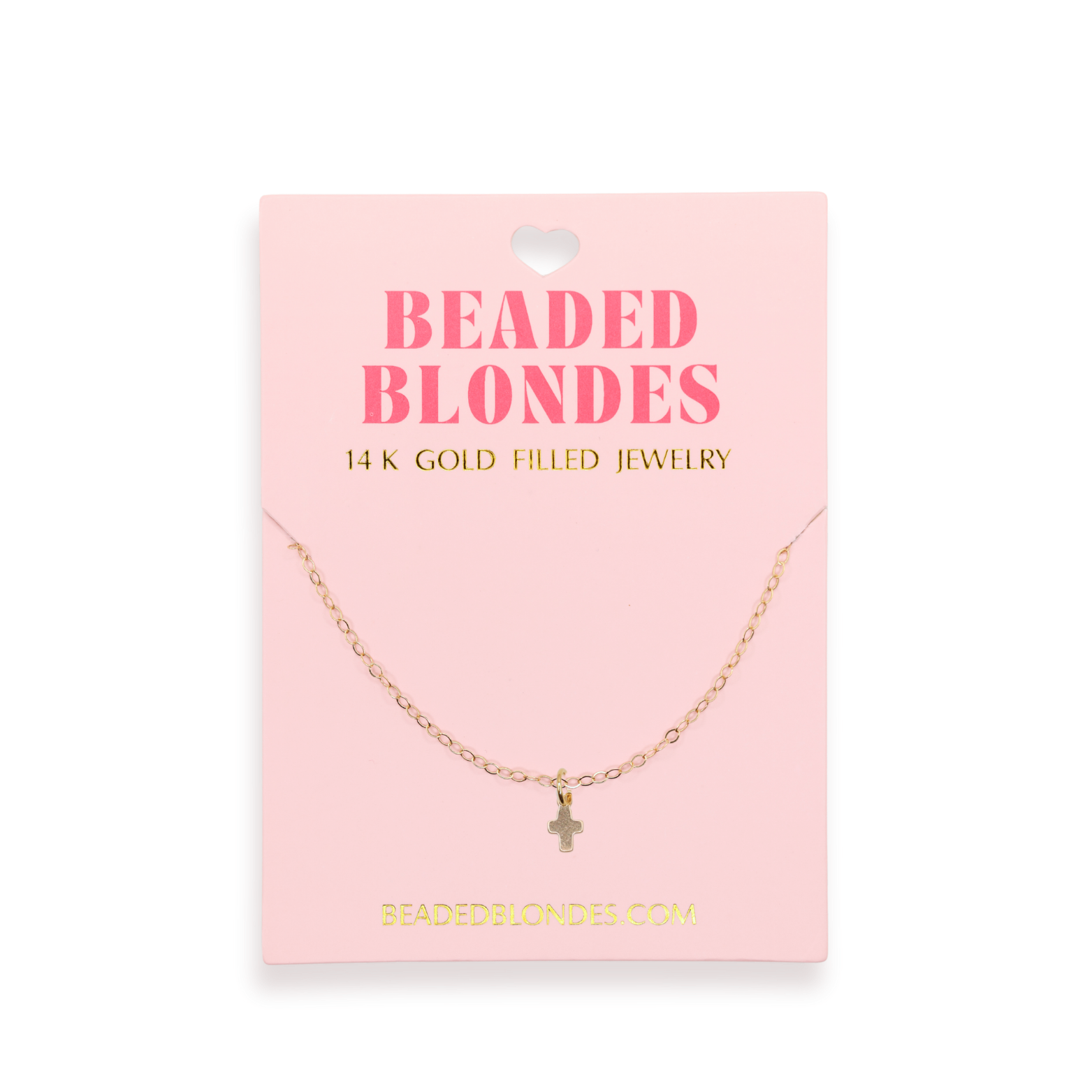 Gold necklace on a pink card with 'Beaded Blondes' branding
