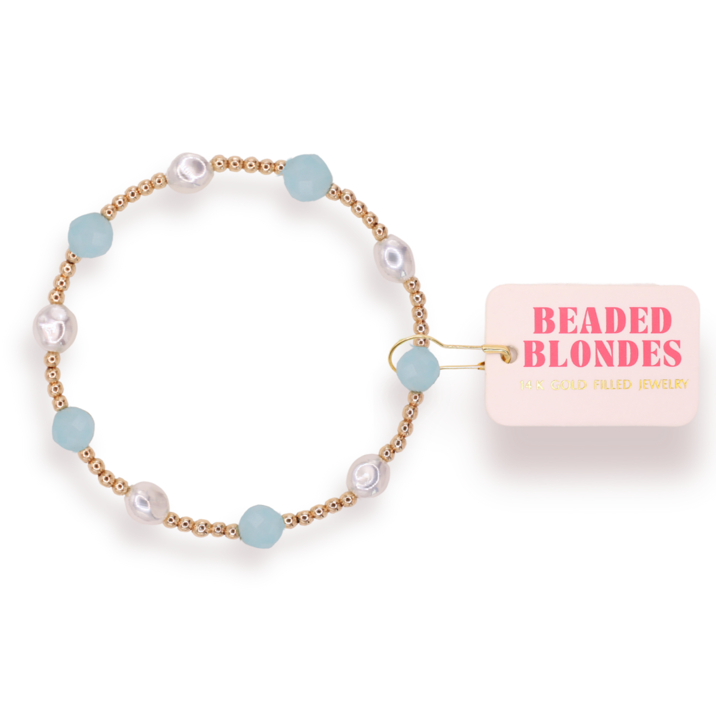 Beaded bracelet with gold accents and a 'Beaded Blondes' tag on a white background