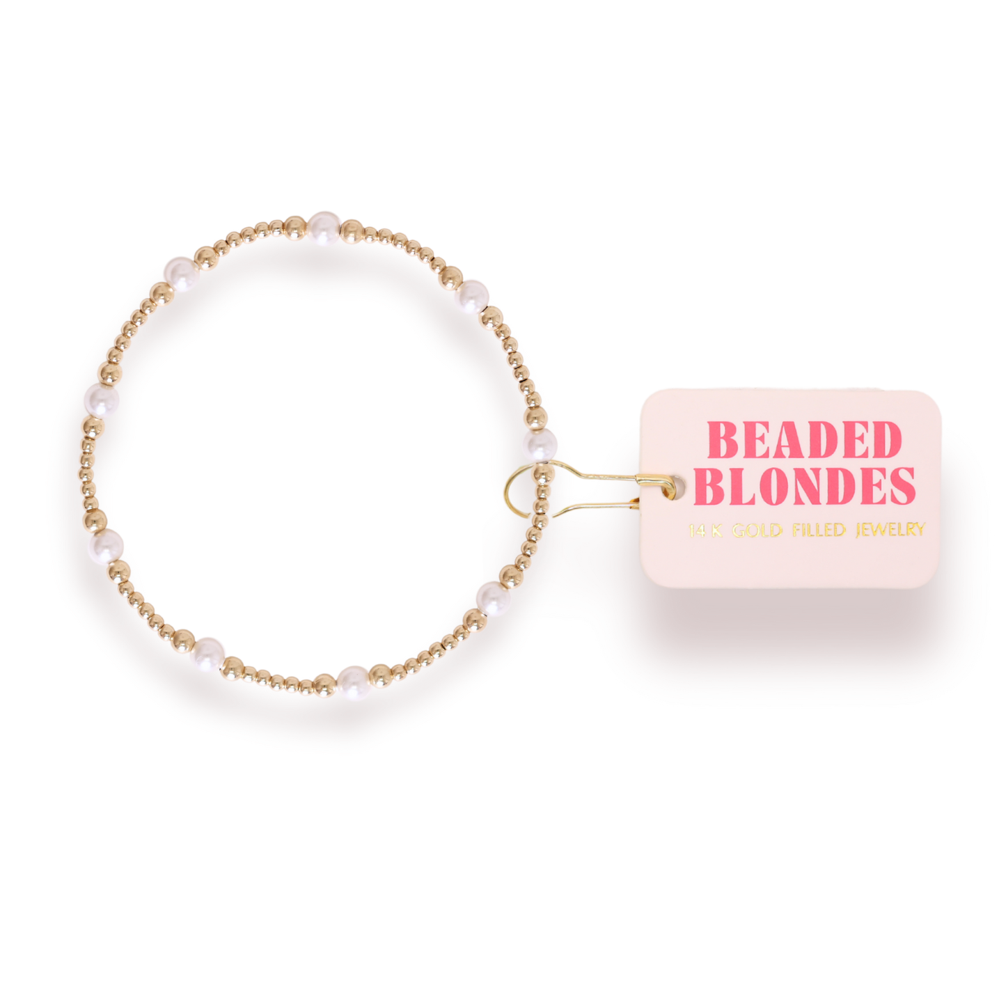 Beaded blondes bracelet with a pink label on a white background