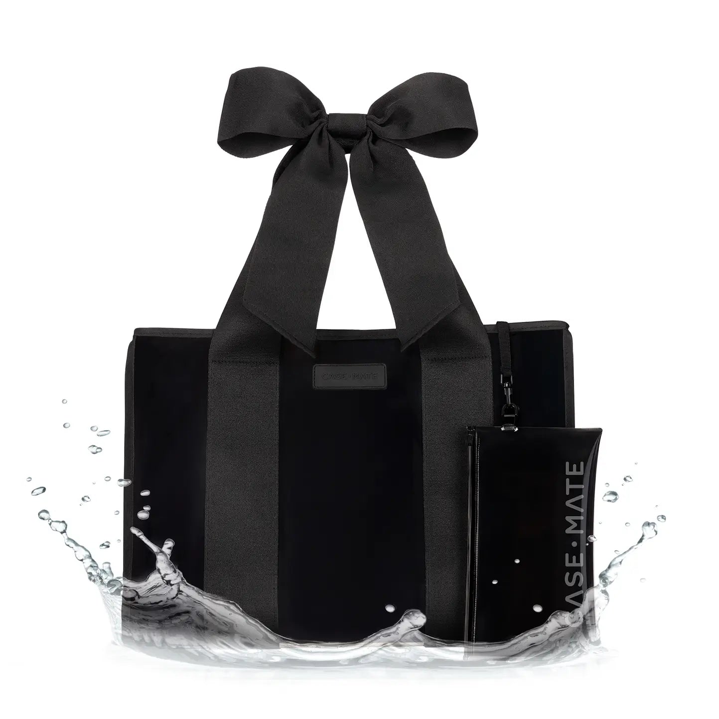 Black tote bag with a large bow and a smaller pouch, both with 'Case-Mate' branding, on a white background.