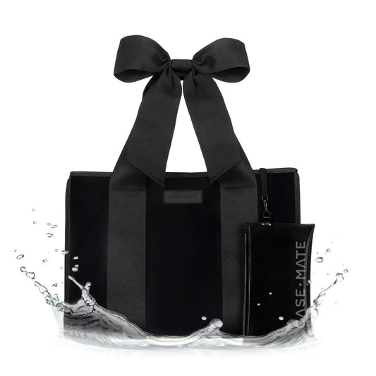 Black tote bag with a large bow and a smaller pouch, both with 'Case-Mate' branding, on a white background.