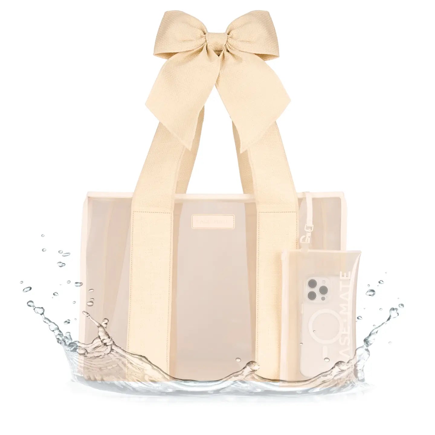 Beige tote bag with a bow and two bottles of perfume on a white background