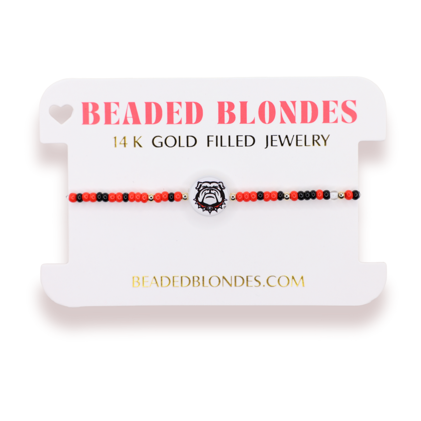 Beaded blondes 14k gold filled jewelry on a white card with brand name.