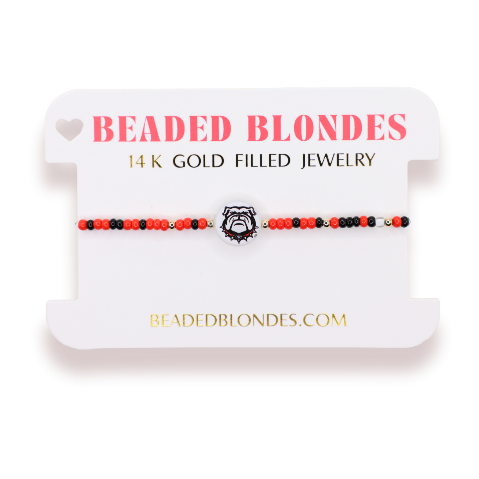 Beaded blondes 14k gold filled jewelry on a white card with brand name.