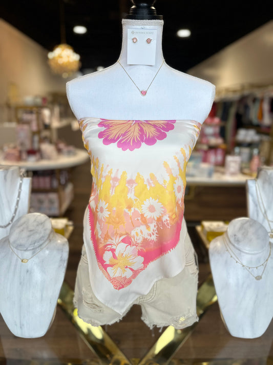 floral print pink and yellow bandana style tube top