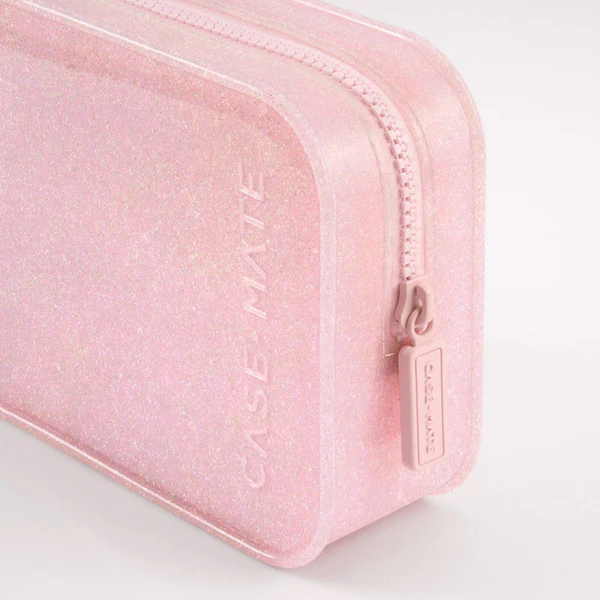 Pink Casemate glitter makeup bag with zipper closure close up