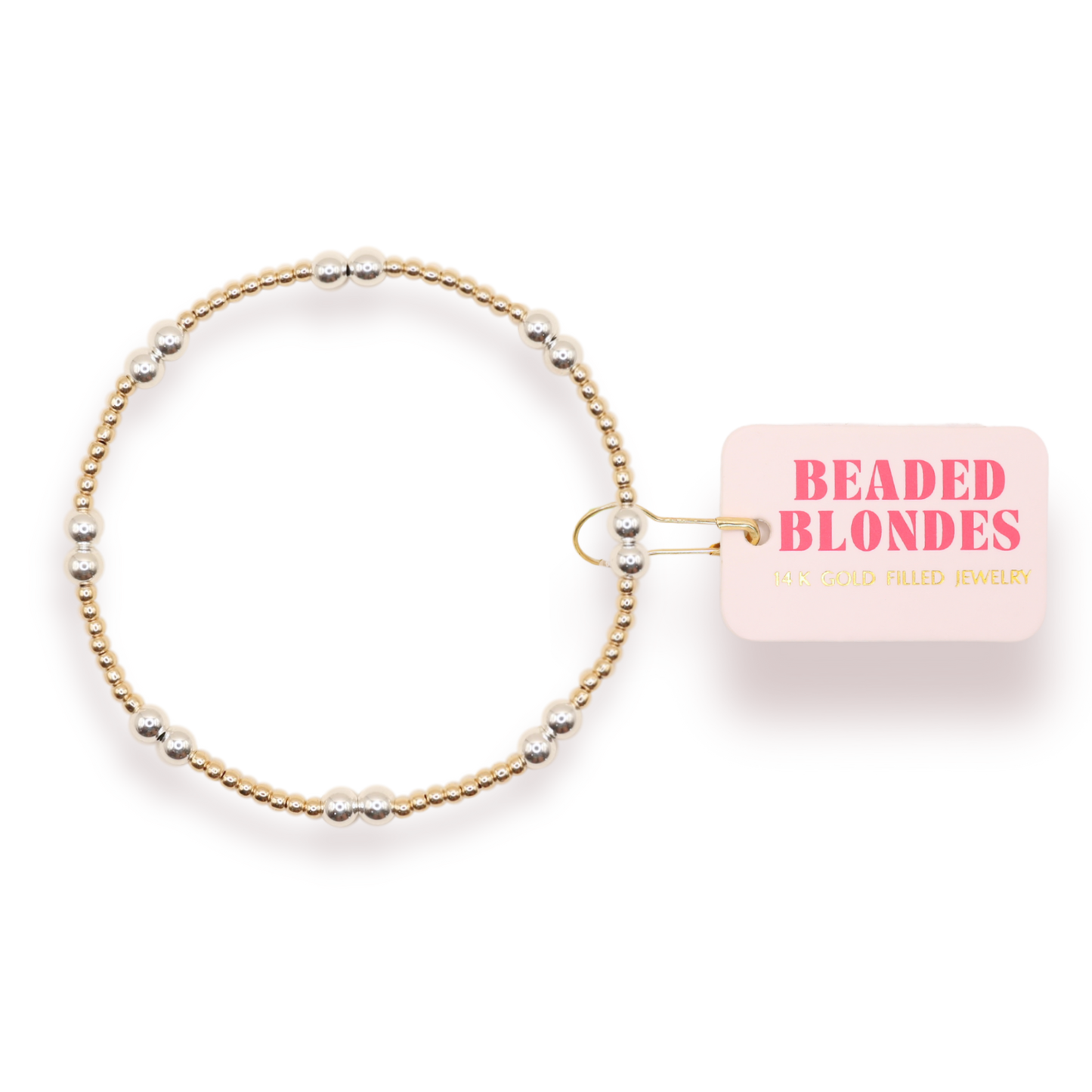 Beaded bracelet with 'Beaded Blondes' packaging on a white background