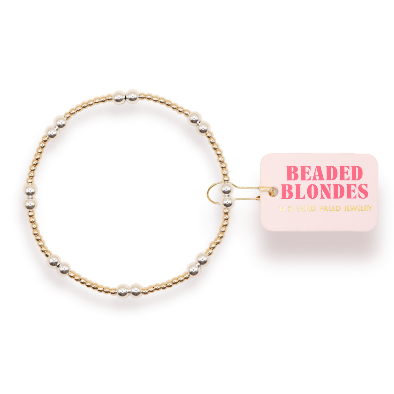 Beaded bracelet with 'Beaded Blondes' packaging on a white background