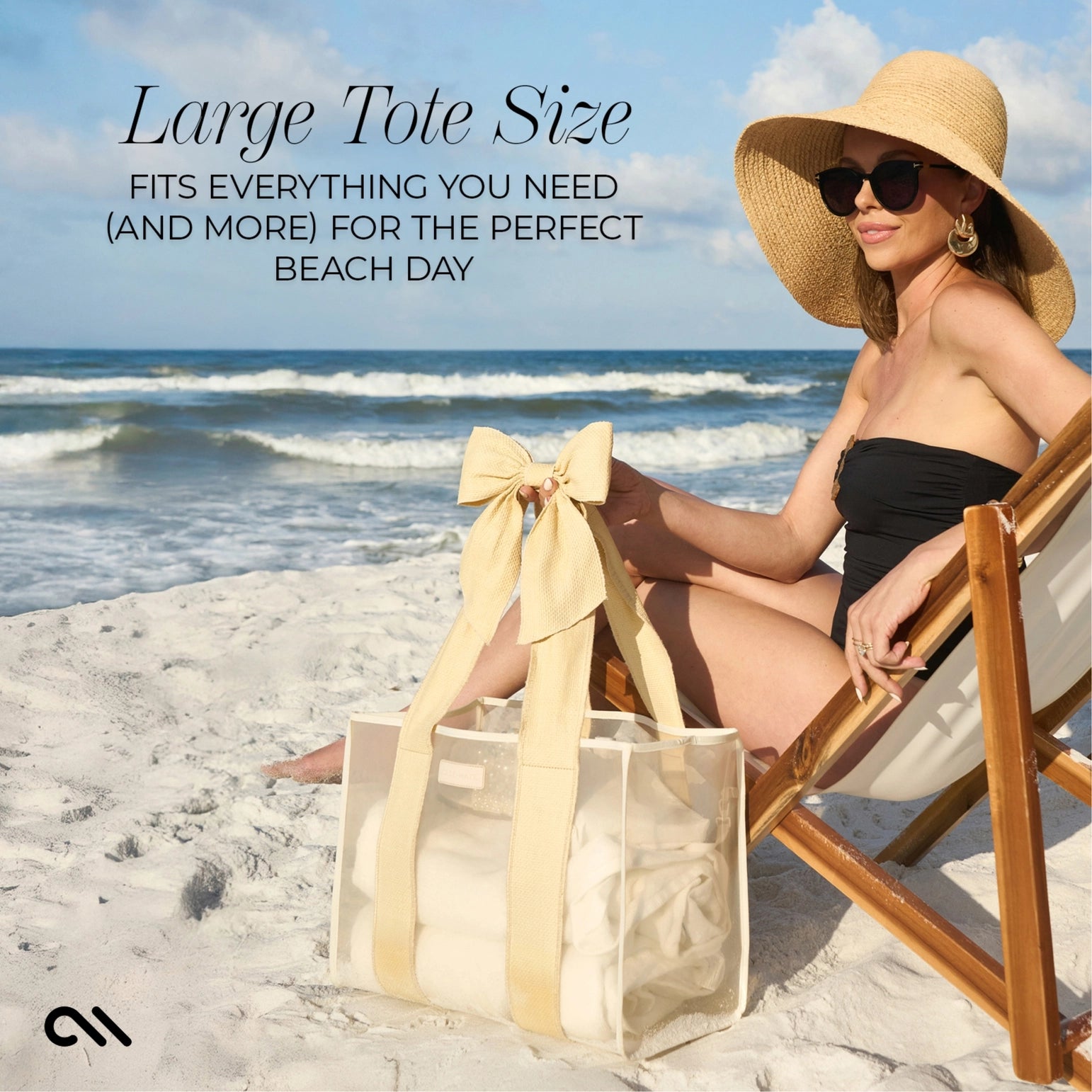 Woman on a beach with a large tote bag, sitting in a chair with text about tote size.