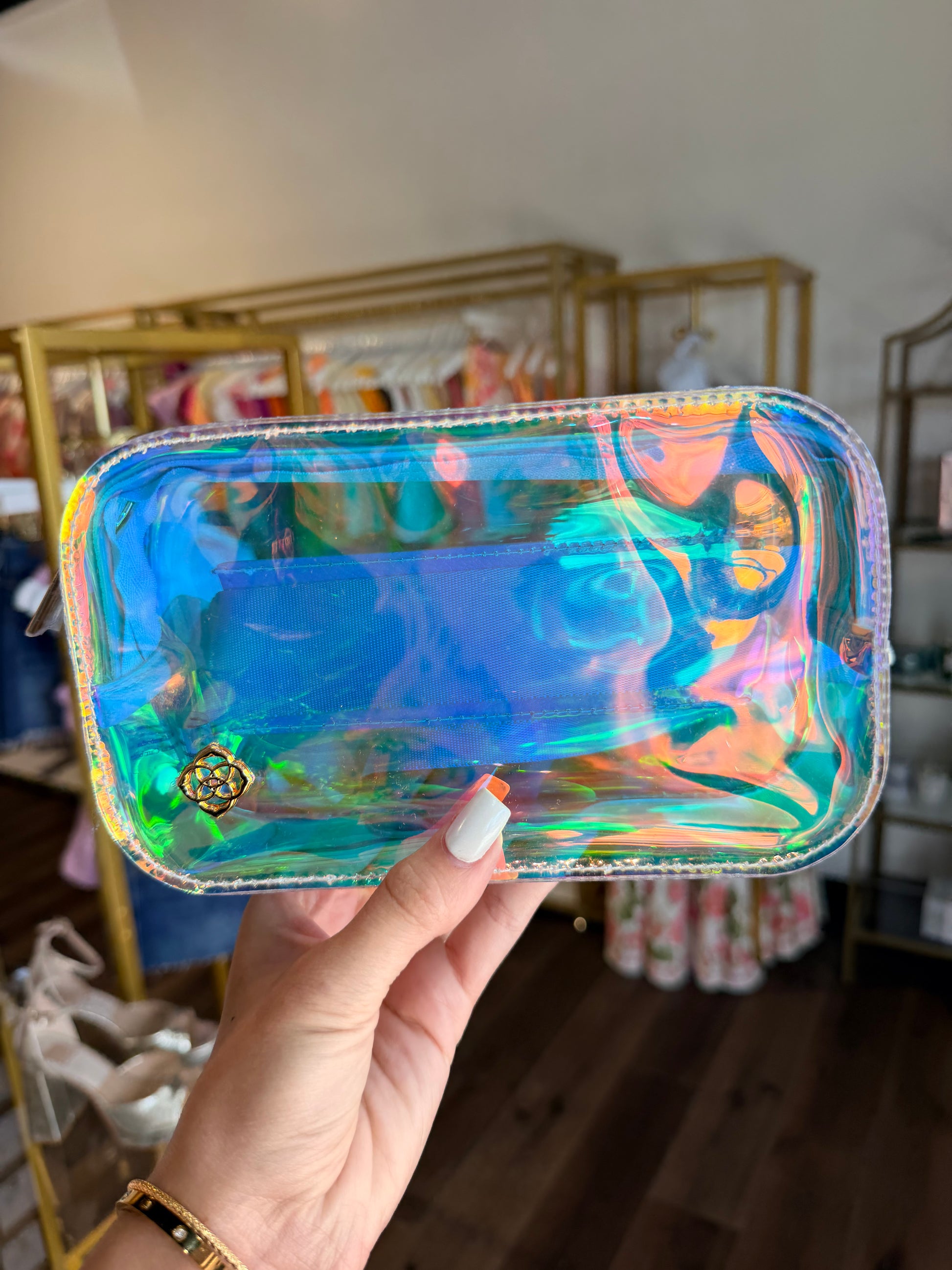 clear iridescent, kendra scott belt bag