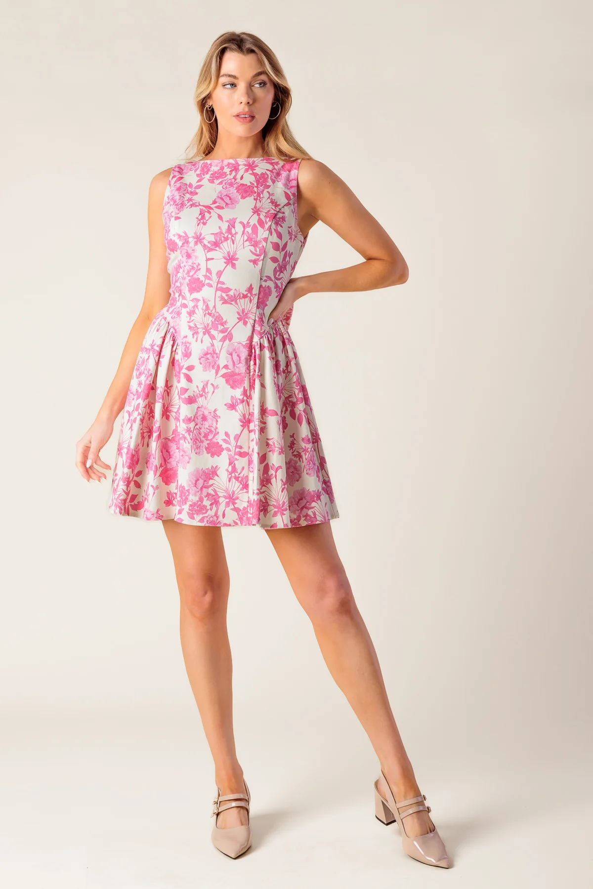BOUTIQUE ADVENTURE ISLAND PINK WOVEN MINI DRESS FRONT 4