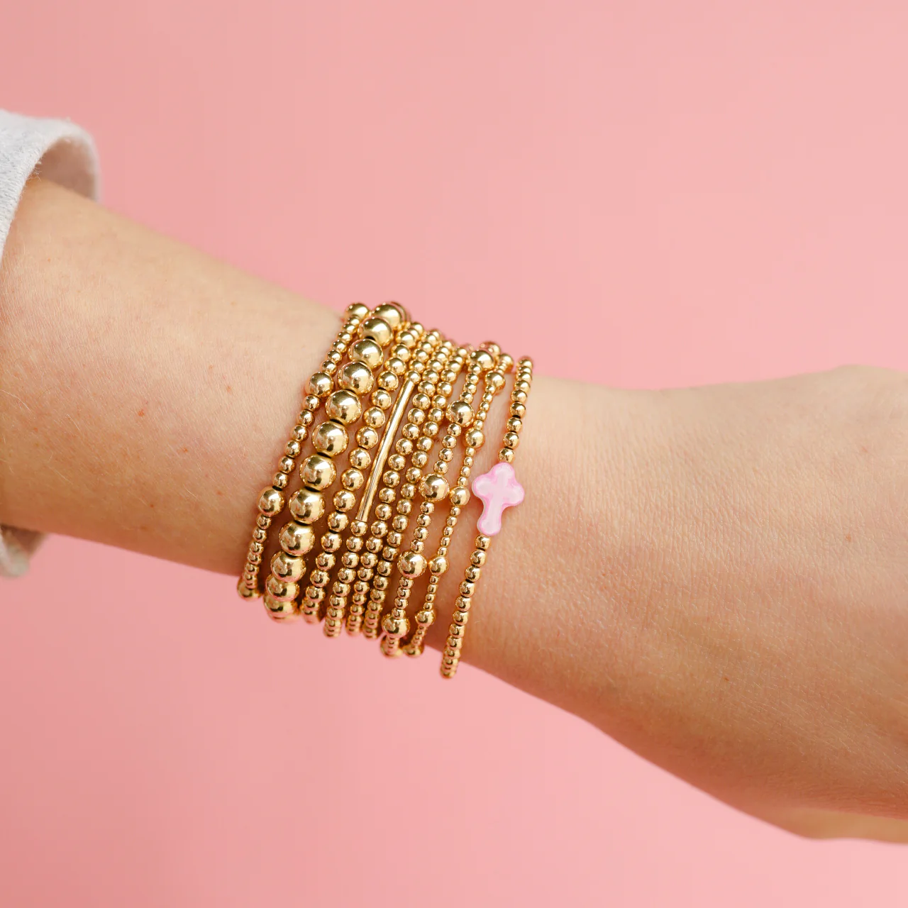 BOUTIQUE BEADED BLONDES 6MM GOLD BRACELET ON ARM 2