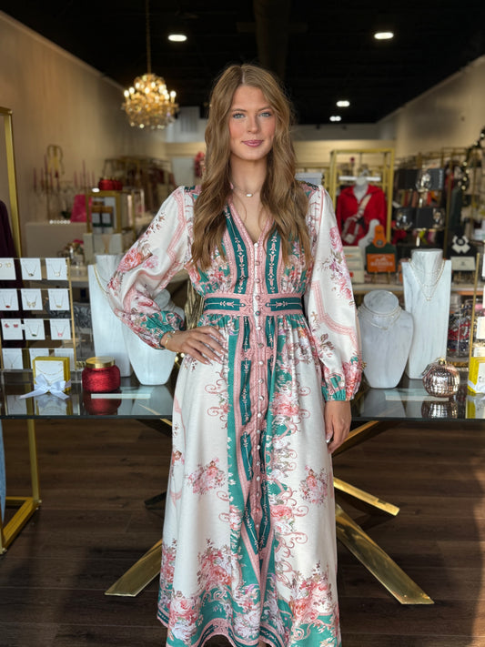 BOUTIQUE BEAUTIFULLY BLOOMED MIDI DRESS FRONT ON MODEL