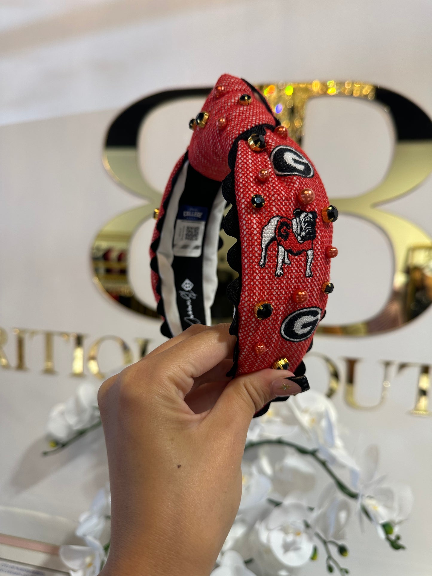 BOUTIQUE BRIANNA CANNON HEADBAND GEORGIA BULLDOGS POWER G CROSS STITCH IN HAND