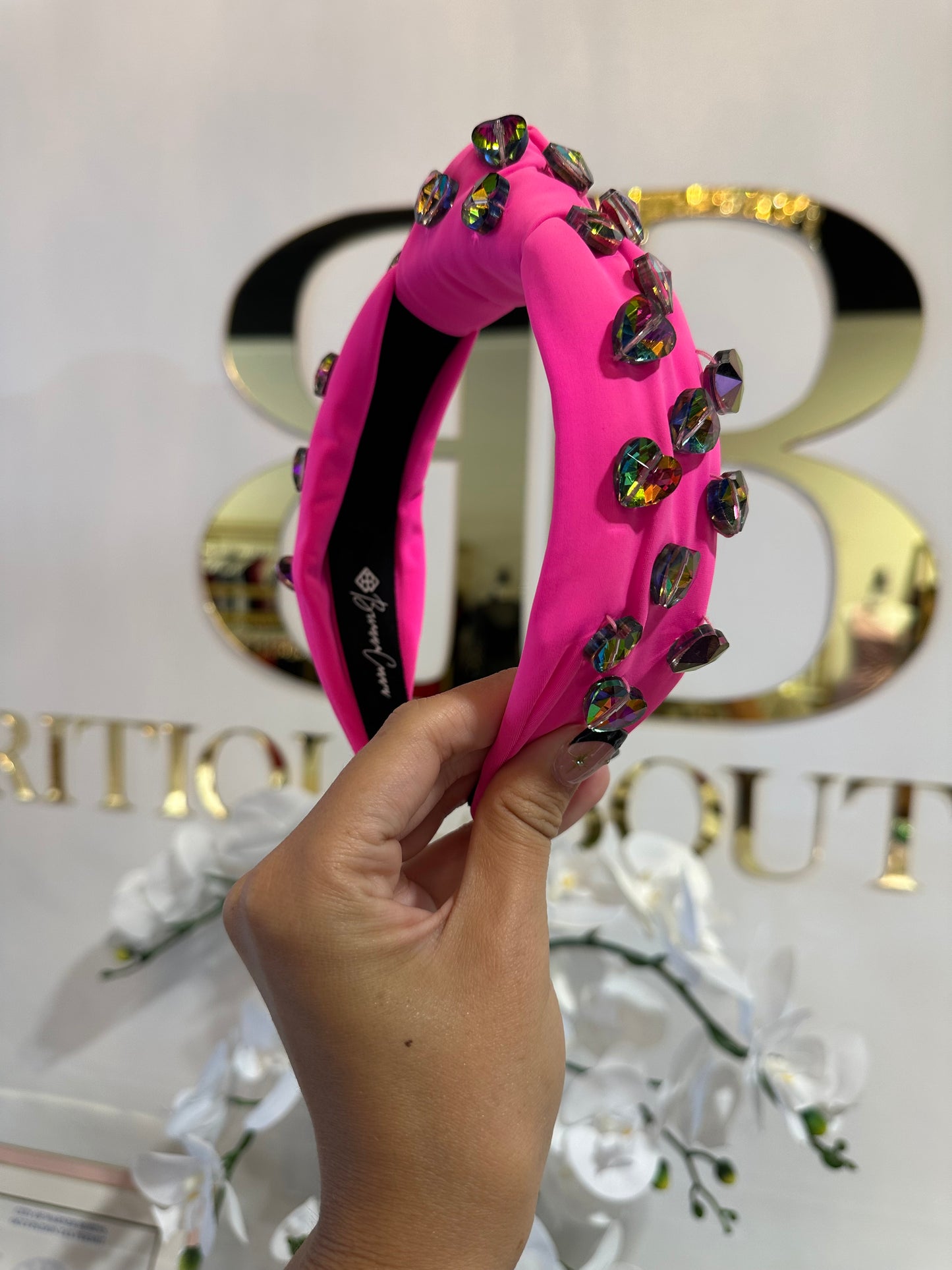 BOUTIQUE BRIANNA CANNON HEADBAND PINK RAINBOW HEART IN HAND