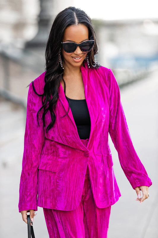 BOUTIQUE BUDDY LOVE HEFF CRUSHED VELVET BLAZER FUCHSIA PINK FRONT 2