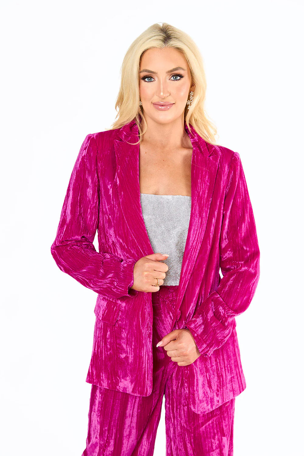 BOUTIQUE BUDDY LOVE HEFF CRUSHED VELVET BLAZER FUCHSIA PINK FRONT 3