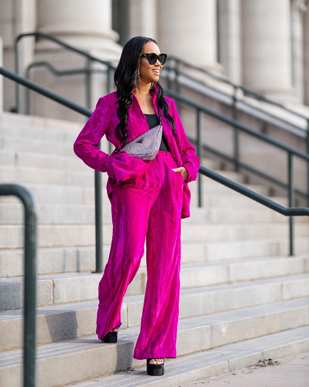 BOUTIQUE BUDDY LOVE HEFF CRUSHED VELVET BLAZER FUCHSIA PINK SIDE 2