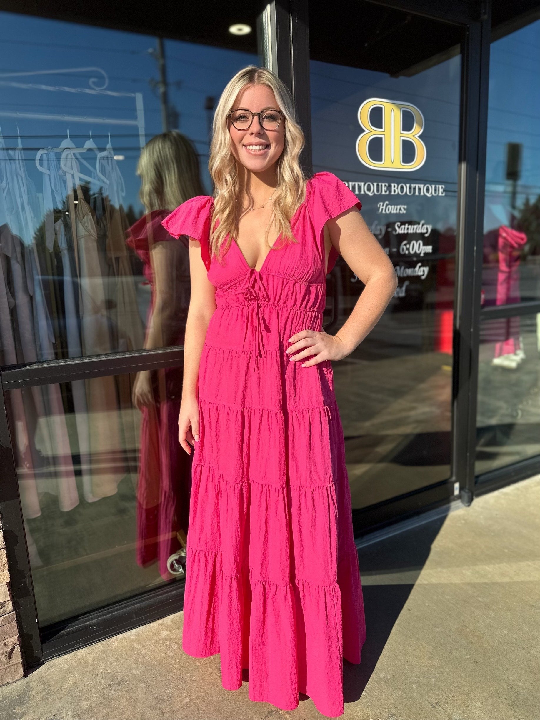 BOUTIQUE BUDDY LOVE HOLLAND TIERED MAXI DRESS RASPBERRY FRONT ON MODEL