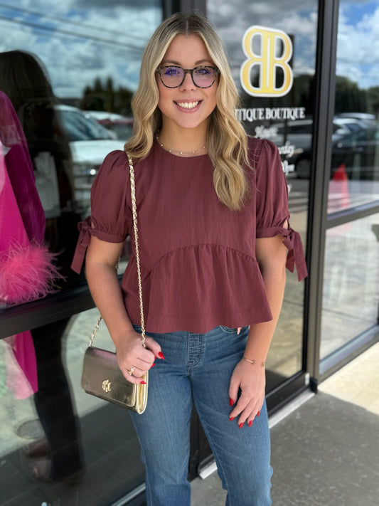BOUTIQUE BURGUNDY BLISS BLOUSE FRONT ON MODEL