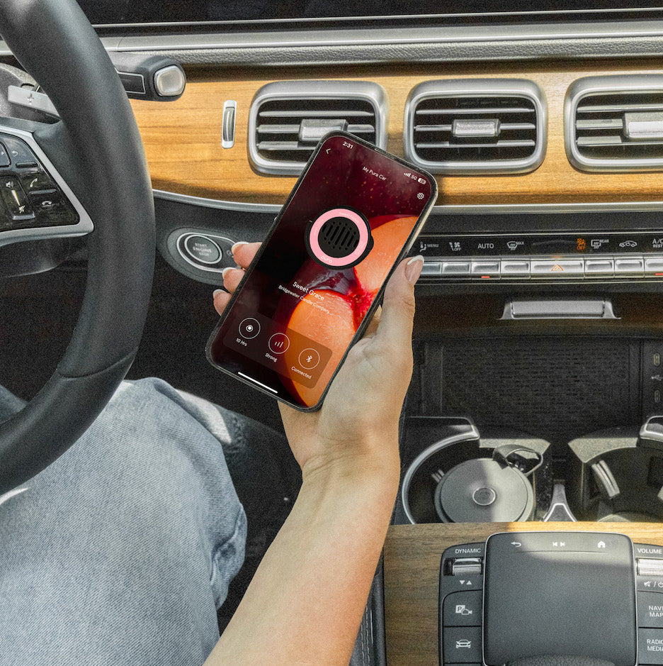 Person holding a smartphone with a wireless charging case in a car.