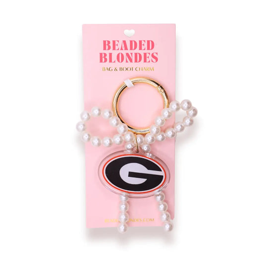 Beaded Blondes Georgia Bag and Boot Charm with a pearl bow and red-and-black Georgia logo on a display card.