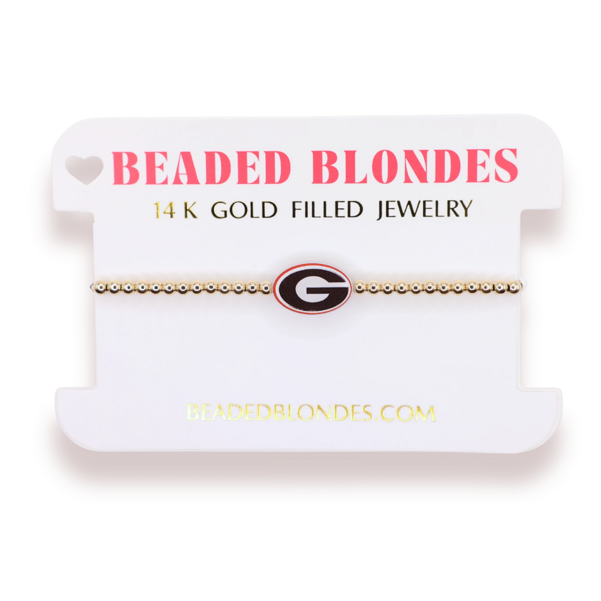 Beaded Blondes Georgia Logo Bracelet on Gold displayed on a pink jewelry card.