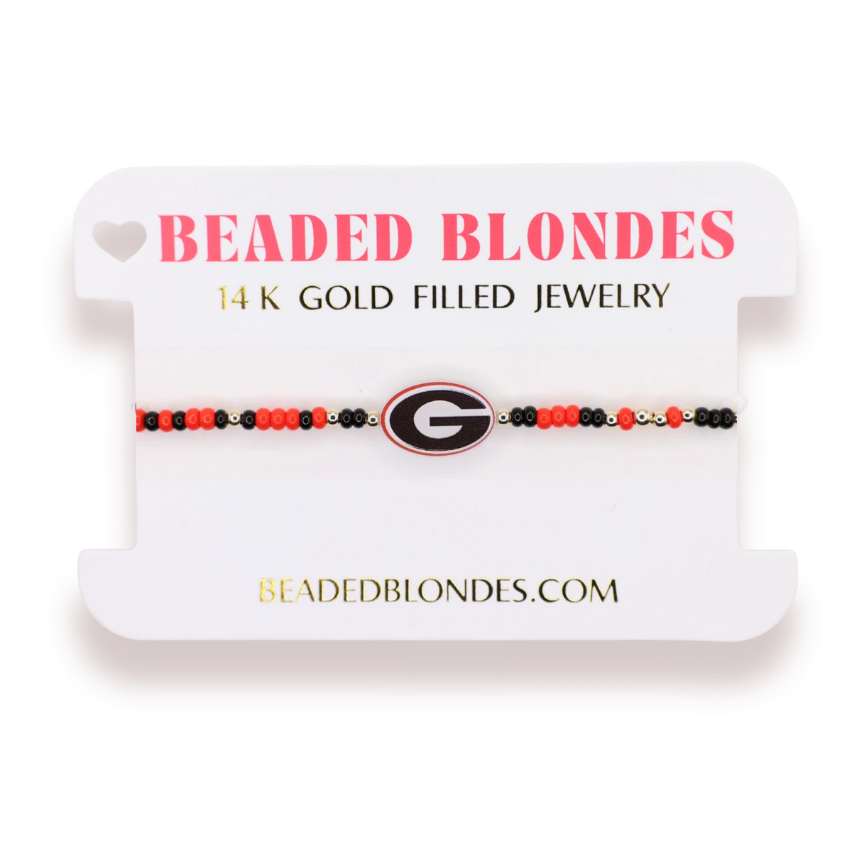 Beaded Blondes Georgia Logo Bracelet on Color displayed on a pink jewelry card.