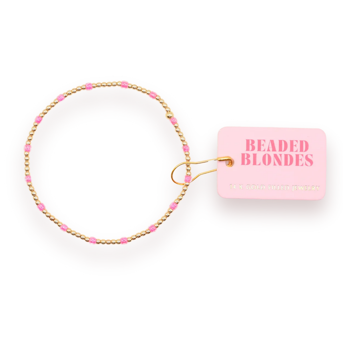 Hot Pink Dainty Poppi Bracelet arranged in a circle with a pink Beaded Blondes tag.