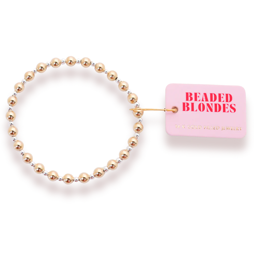 Beaded Blondes Katy Bracelet in Gold with Silver, showing mixed bead sizes and metal tones beside a pink tag.