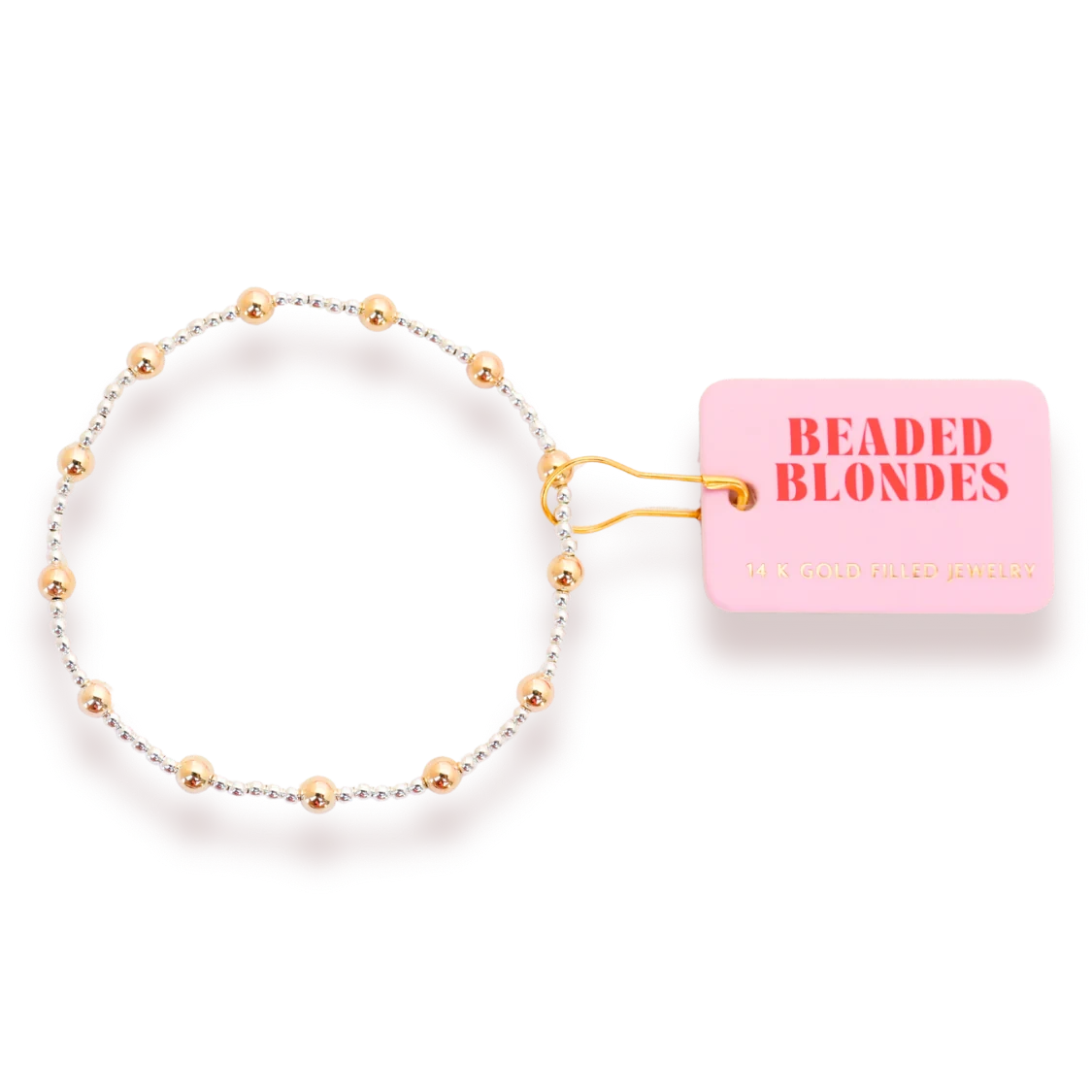 Beaded Blondes Lively Bracelet in Silver with Gold, showing mixed bead sizes and metal tones beside a pink tag.