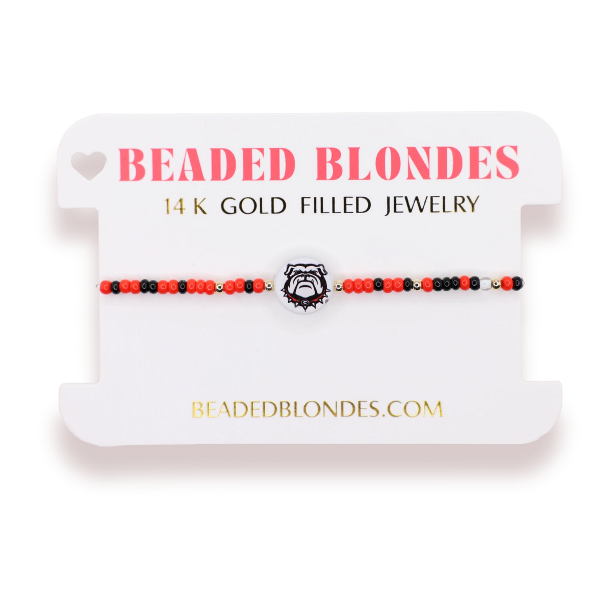 Beaded Blondes University of Georgia Logo Flip Bracelet on Color displayed on a pink jewelry card.