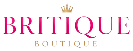 Logo of Britique Boutique with pink text and a gold crown on a black background