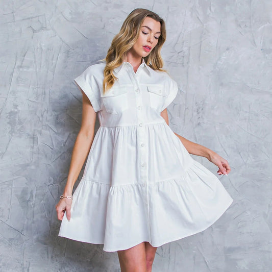 BOUTIQUE COMMON GROUND TWILL MINI DRESS WHITE FRONT 