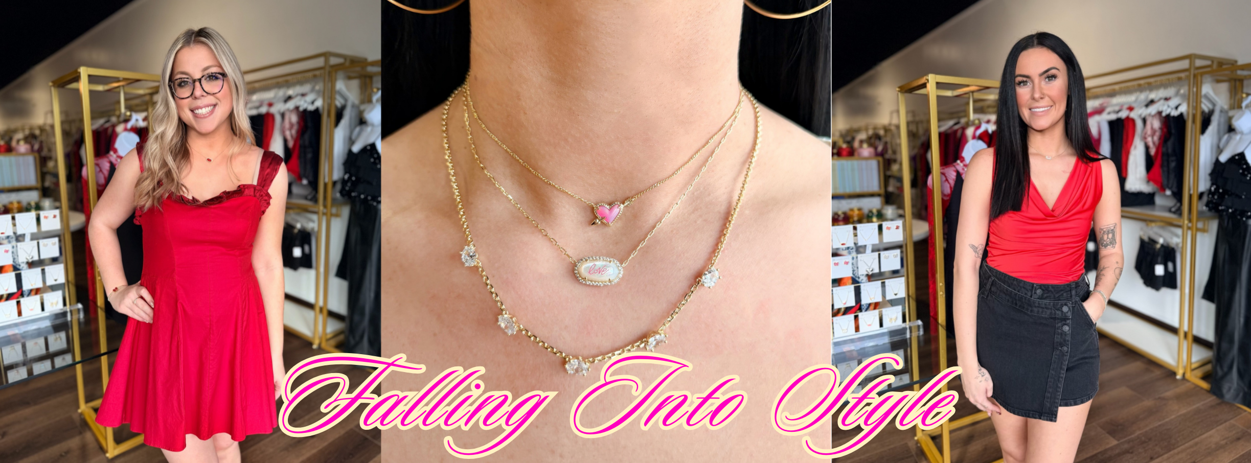 Woman in a red dress with jewelry, 'Falling Into Style' text overlay, and another woman in a red top and black skirt.