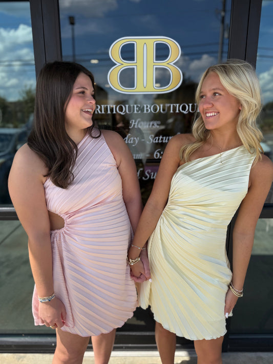 Two women standing side-by-side in front of a boutique glass door, wearing one light pink pleated dress and one cream pleated dress. The boutique door features a gold 'BB' logo and the text 'BRITIQUE BOUTIQUE'.