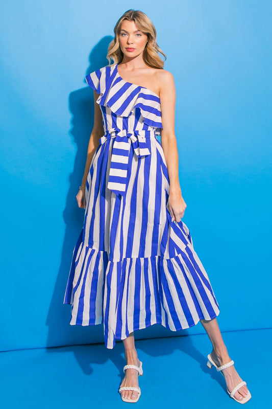 BOUTIQUE DAYS LIKE THESE POPLIN MIDI DRESS BLUE IVORY FRONT