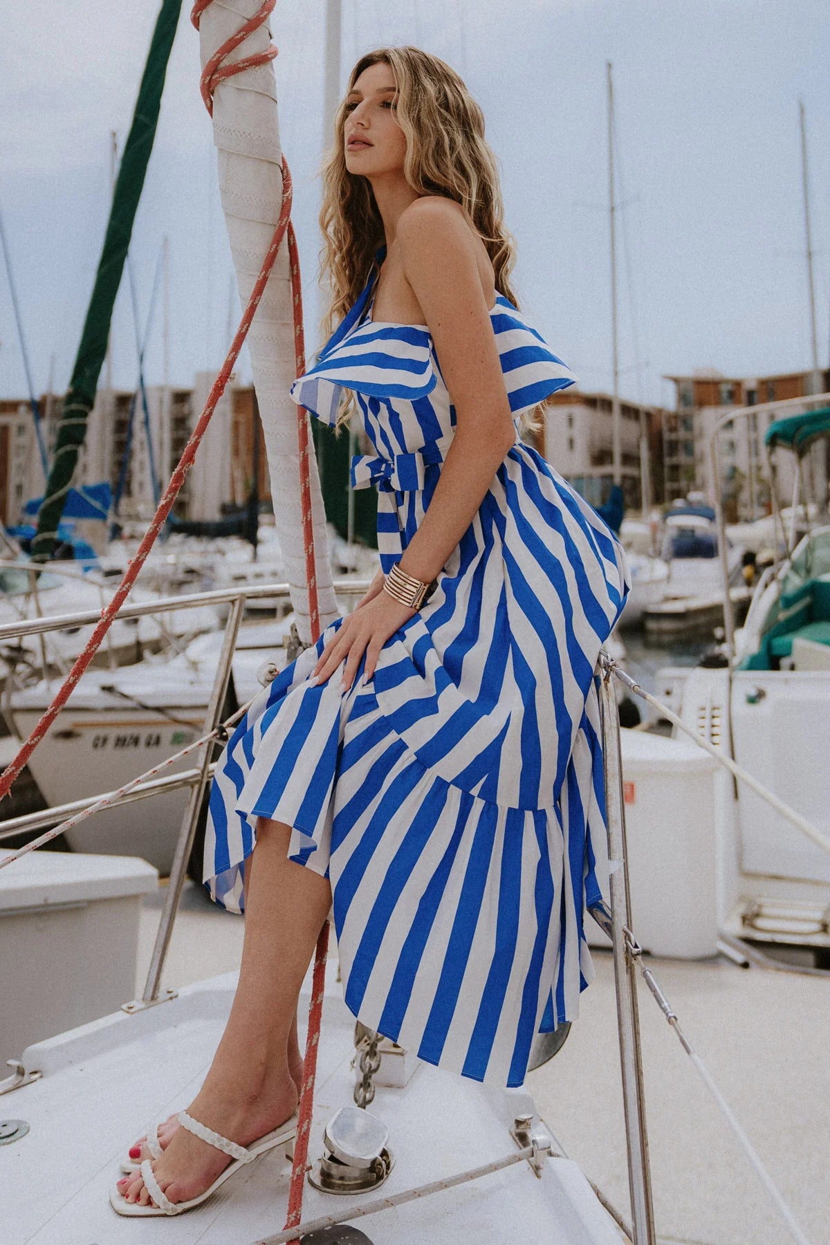 BOUTIQUE DAYS LIKE THESE POPLIN MIDI DRESS BLUE IVORY SIDE